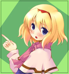 Rule 34 | 1girl, alice margatroid, blonde hair, blue eyes, blush, capelet, female focus, head tilt, headband, looking at viewer, pointing, ribbon, scarf, short hair, solo, tilm, touhou, upper body
