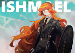 Rule 34 | 1girl, arm shield, black coat, black vest, closed mouth, coat, collared shirt, freckles, green eyes, holding, holding weapon, ishmael (project moon), limbus company, long hair, long sleeves, mncpa, necktie, orange hair, project moon, red necktie, shirt, solo, upper body, very long hair, vest, water, weapon, white shirt