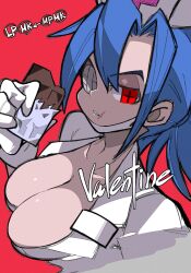 Rule 34 | 1girl, blue hair, breasts, candy, character name, chocolate, chocolate bar, cleavage, collarbone, eating, food, gameplay mechanics, gloves, half-closed eyes, hat, highres, large breasts, latex, latex gloves, mask, mask around neck, mouth mask, nurse cap, ponytail, red background, red eyes, scar, skullgirls, solo, surgical mask, symbol-shaped pupils, upper body, valentine (skullgirls), yaki usagi