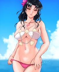 Rule 34 | 1girl, absurdres, akira (yuibnm71), bare shoulders, beach, bikini, black hair, blue sky, blush, bracelet, braid, breasts, chest tattoo, cleavage, day, facial mark, fate/grand order, fate (series), flower, forehead mark, hair flower, hair ornament, highres, jewelry, large breasts, long hair, looking at viewer, navel, necklace, ocean, outdoors, parted bangs, pearl bracelet, pearl necklace, sessyoin kiara, sessyoin kiara (swimsuit mooncancer), sessyoin kiara (swimsuit mooncancer) (first ascension), shell, shell necklace, sky, swimsuit, tattoo, twin braids, white bikini, yellow eyes