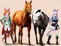 Rule 34 | 2girls, 2others, animal ears, black footwear, black jacket, boots, bow, bowtie, brown background, creature and personification, cross-laced footwear, ear ribbon, fantomyu, full body, green bow, green bowtie, green jacket, green ribbon, horse, horse ears, horse girl, horse tail, ikuno dictus (racehorse), ikuno dictus (umamusume), jacket, lace-up boots, long hair, looking at another, looking at viewer, mejiro mcqueen (racehorse), mejiro mcqueen (umamusume), multicolored hair, multiple girls, multiple others, necktie, orange hair, pants, purple eyes, purple hair, red necktie, ribbon, round eyewear, simple background, streaked hair, swept bangs, tail, thigh boots, umamusume, white hair, white pants, yellow eyes