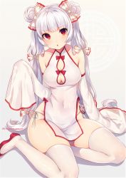Rule 34 | 1girl, absurdres, alternate costume, artist name, bare shoulders, blush, bow, breasts, china dress, chinese clothes, cleavage, commentary request, covered navel, detached sleeves, double bun, dress, fujiwara no mokou, grey background, hair between eyes, hair bow, hair bun, head tilt, highres, long hair, long sleeves, looking at viewer, marota, medium breasts, navel, open mouth, panties, pelvic curtain, red eyes, shoes, side-tie panties, silver hair, simple background, sitting, skindentation, sleeveless, sleeveless dress, sleeves past fingers, sleeves past wrists, solo, thighhighs, thighs, touhou, twintails, twitter username, underwear, very long hair, wariza, white thighhighs, wide sleeves