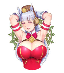 Rule 34 | 1girl, animal ears, armpits, arms up, breasts, cropped torso, detached collar, dress, gloves, gold ship (umamusume), grey hair, harumaki, horse ears, large breasts, leotard, long hair, parted lips, red leotard, simple background, smile, solo, strapless, strapless leotard, umamusume, upper body, very long hair, white background, white gloves