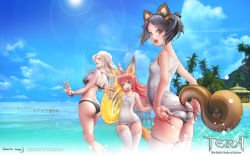 Rule 34 | 3girls, adjusting clothes, adjusting swimsuit, animal ears, artist request, ass, beach, bikini, black hair, blonde hair, blue eyes, blush, breasts, brown eyes, brown hair, cloud, copyright name, covered navel, day, dog ears, elf, elin, fox ears, green eyes, highres, innertube, large breasts, long hair, looking at viewer, looking back, multiple girls, ocean, official art, official wallpaper, old school swimsuit, one-piece swimsuit, outdoors, pointy ears, ribbon, school swimsuit, sky, small breasts, smile, squirrel ears, sun, swim ring, swimsuit, tail, tera online, thighhighs, tree, wallpaper, white one-piece swimsuit, white school swimsuit