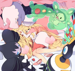Rule 34 | 10s, 1girl, barefoot, blonde hair, blue eyes, caitlin (pokemon), covered mouth, creatures (company), curtains, dress, elite four, eyebrows, from above, game freak, gen 5 pokemon, gothitelle, hat, high heels, highres, long hair, long sleeves, looking at viewer, lying, musharna, night, night sky, nintendo, on bed, on side, pillow, pink footwear, poke ball, pokemon, pokemon (creature), pokemon bw, reuniclus, see-through, shoes, sigilyph, sky, sparkle, swept bangs, tm (hanamakisan), transparent, unworn shoes, very long hair