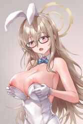 Rule 34 | 1girl, akane (blue archive), akane (bunny) (blue archive), animal ears, aqua bow, aqua bowtie, black-framed eyewear, blue archive, bow, bowtie, breasts, brown eyes, brown halo, commentary, detached collar, fake animal ears, glasses, gloves, hair between eyes, halo, highres, large breasts, leotard, light brown hair, long hair, nipples, noomaru (nomorepeople), official alternate costume, open mouth, playboy bunny, rabbit ears, solo, strapless, strapless leotard, traditional bowtie, very long hair, white gloves, white leotard