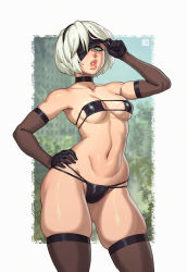 Rule 34 | 1girl, absurdres, bikini, black bikini, black choker, black thighhighs, breasts, choker, covered erect nipples, cowboy shot, elbow gloves, eyepatch, eyepatch bikini, eyepatch lift, gloves, hairband, hand on own hip, highres, lipstick, looking at viewer, makeup, medium breasts, mole, mole under mouth, navel, nier (series), nier:automata, o3o, parted lips, riz, short hair, skindentation, solo, stomach, swimsuit, thick thighs, thighhighs, thighs, toned, 2b (nier:automata)