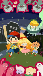 Rule 34 | 1girl, 6+boys, backpack, bag, baseball bat, bee, black eyes, black hair, blonde hair, blue eyes, blue shorts, blush stickers, bow, brown bag, bug, building, colored skin, crash landing, cross, dog, fence, flag, frying pan, ghost, glasses, green neckerchief, grey skin, hair bow, handsome tom, highres, hitofutarai, holding, holding baseball bat, holding frying pan, insect, jeff andonuts, mother (game), mother 2, multiple boys, neckerchief, ness (mother 2), nintendo, open mouth, outline, paula (mother 2), puppet, purple skirt, red bow, red footwear, red outline, road, scared, shirt, shorts, skirt, smoke, star (sky), striped clothes, striped shirt, tent, tombstone, trick or treat kid, ufo, zombie