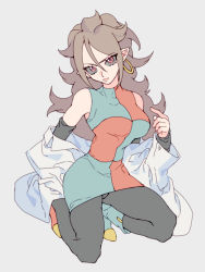 Rule 34 | android 21, bare shoulders, black pantyhose, black sclera, blue dress, boots, breasts, checkered clothes, checkered dress, colored sclera, detached sleeves, dragon ball, dragon ball fighterz, dress, earrings, expressionless, eyelashes, frown, full body, grey background, highres, hoop earrings, jewelry, kneeling, lab coat, light brown hair, long hair, looking away, mgong520, pantyhose, red dress, red eyes, serious, simple background, solo, two-tone dress