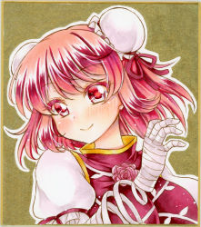 Rule 34 | 1girl, bandaged arm, bandages, blush, breasts, bun cover, chinese clothes, commentary request, double bun, graphite (medium), hair between eyes, highres, ibaraki kasen, looking at viewer, marker (medium), medium breasts, nekofish666, oni, puffy sleeves, red eyes, red hair, short hair, short sleeves, smile, solo, tabard, touhou, traditional media