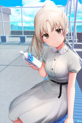 Rule 34 | 1girl, alternate costume, basa rutan, belt, blonde hair, blue sky, blush, bottle, breasts, brown eyes, closed mouth, cloud, day, dress, feet out of frame, fence, holding, holding bottle, long hair, medium breasts, nijisanji, outdoors, ponytail, rooftop, short sleeves, signature, sister claire, sister claire (3rd costume), sitting, sky, smile, solo, virtual youtuber, white dress