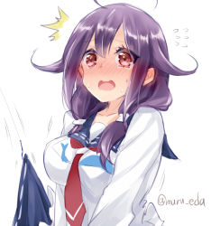 Rule 34 | 10s, 1girl, ^^^, ahoge, blush, breasts, embarrassed, fishing hook, fishing line, flying sweatdrops, hair ornament, kantai collection, long hair, low twintails, maruki (punchiki), open mouth, purple hair, red eyes, school uniform, serafuku, simple background, skirt, solo, sweatdrop, taigei (kancolle), tears, twintails, twitter username, wavy mouth, whale, white background