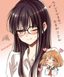 Rule 34 | 2girls, arrow (symbol), artist name, black-framed eyewear, black hair, blush, blush stickers, character name, chibi, chibi inset, closed eyes, closed mouth, collared shirt, commentary request, glasses, gradient background, hands up, heart, himawari-san, himawari-san (character), kazamatsuri matsuri, light brown hair, long hair, long sleeves, looking at viewer, multiple girls, neckerchief, one eye closed, partial commentary, pink background, purple eyes, red neckerchief, school uniform, serafuku, shirt, short hair, signature, simple background, smile, squiggle, sugano manami, tears, translation request, upper body, white shirt
