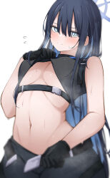 Rule 34 | 1girl, bare shoulders, belt, black belt, black gloves, black hair, black pants, black shirt, blue archive, blue eyes, blue hair, blush, breasts, closed mouth, clothes lift, colored inner hair, double-parted bangs, gloves, hair between eyes, halo, highres, large breasts, lifting own clothes, long hair, looking at viewer, multicolored hair, navel, pants, saori (blue archive), shirt, shirt lift, simple background, sleeveless, sleeveless shirt, solo, steaming body, sweat, white background, yuukun mk-ii