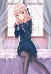 Rule 34 | 1girl, bed, black pantyhose, blonde hair, blue eyes, blue sweater, blush, bow, chromatic aberration, curtains, hair bow, hands up, heart, heart hands, highres, indoors, long hair, long sleeves, looking at viewer, original, pantyhose, sitting, smile, solo, sunlight, sweater, sylnice, window