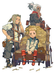 Rule 34 | 1girl, 2boys, blonde hair, boots, character request, closed mouth, dark-skinned female, dark skin, grissom, looking at viewer, multiple boys, neesa, sarmat, short hair, simple background, smile, vagrant story, white background, white hair, aged down