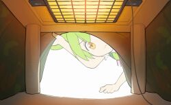 Rule 34 | 1girl, :3, arm support, brooch, green hair, hand up, heater, highres, jewelry, kotatsu, lifting covers, looking at viewer, okepi, overexposure, shirt, short sleeves, solo, table, under kotatsu, under table, v-shaped eyebrows, voiceroid, voicevox, white shirt, yellow eyes, zundamon