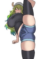 Rule 34 | absurdres, breasts, deculture, dragon horns, feet out of frame, hair between eyes, hat, highres, holding leg, horns, huge breasts, kobayashi-san chi no maidragon, long hair, lucoa (maidragon), multicolored hair, one eye closed, plump, shirt, shorts, simple background, skindentation, smile, split, standing, standing on one leg, standing split, t-shirt, thighhighs, white background