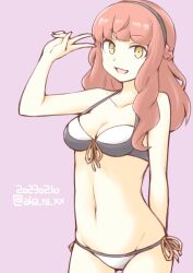 Rule 34 | 1girl, akara kai, blunt bangs, bra, braid, braided bangs, breasts, curly hair, dated, de ruyter (kancolle), green eyes, highres, kantai collection, long hair, looking at viewer, open mouth, panties, pink background, red hair, side braid, small breasts, smile, solo, twitter username, underwear, white bra