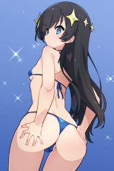 Rule 34 | 1girl, ass, back, bare arms, bare shoulders, bikini, black hair, blue background, blue bikini, blue eyes, breasts, closed mouth, commentary request, commission, cowboy shot, dutch angle, expressionless, from behind, gradient background, hair ornament, halterneck, hands on own ass, kagura hikari, light blush, long hair, looking at viewer, looking back, micro bikini, partially visible vulva, pixiv commission, shoujo kageki revue starlight, small breasts, solo, sparkle background, sparkle hair ornament, standing, string bikini, stroma, swimsuit, thong bikini