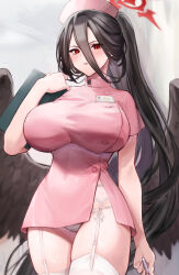 Rule 34 | 1girl, alternate costume, black hair, blue archive, blush, breasts, commentary request, cowboy shot, garter straps, hair between eyes, halo, hand up, hasumi (blue archive), hat, highres, ito uuu, large breasts, long hair, looking at viewer, low wings, mole, mole under eye, nurse, nurse cap, pink headwear, ponytail, red eyes, red halo, thighhighs, thighs, white garter straps, white thighhighs, wings