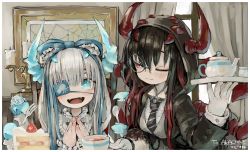 Rule 34 | 2girls, absurdres, aqua eyes, aqua horns, black jacket, bug, cake, candle, commission, cup, curtains, ebimomo, eyepatch, fangs, food, fork, fruit, gloves, highres, horns, jacket, monocle, multiple girls, necktie, one eye closed, open mouth, original, pixiv commission, red eyes, red horns, shadow, smile, spider, spoon, strawberry, strawberry shortcake, striped neckwear, white gloves