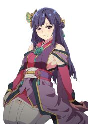 Rule 34 | 1girl, blush, breasts, butterfly hair ornament, detached sleeves, eyelashes, hahawaho, hair ornament, japanese clothes, kimono, kneeling, lips, lipstick, long bangs, long hair, makeup, mole, mole under mouth, nouhime, nouhime (sengoku musou), obi, purple eyes, purple hair, sash, sengoku musou, shiny skin, sideboob, swept bangs, thighhighs, thighs, white thighhighs