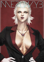 Rule 34 | 1girl, abs, absurdres, breasts, character name, final fantasy, final fantasy xiv, grey eyes, hands on own hips, highres, jacket, jewelry, lips, looking to the side, medium breasts, merlwyb bloefhiswyn, monori rogue, necklace, plunging neckline, red background, roegadyn, short hair, solo, suit jacket, uncensored, upper body, white hair