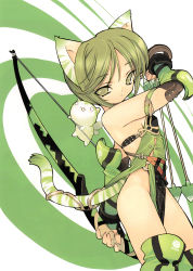 Rule 34 | 1girl, animal ears, animal print, arrow (projectile), blade (galaxist), bow (weapon), cat, cat ears, cat tail, female focus, green eyes, green hair, green theme, highres, holding, holding bow (weapon), holding weapon, kitty, matching hair/eyes, short hair, solo, tail, tiger print, toranoana, weapon, white background