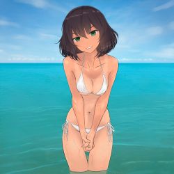 Rule 34 | 10s, 1girl, akagi (fmttps), bikini, blue sky, breasts, brown hair, cleavage, cloud, cloudy sky, commentary, commentary request, cowboy shot, dark-skinned female, dark skin, day, girls und panzer, green eyes, head tilt, hoshino (girls und panzer), leaning forward, looking at viewer, medium breasts, navel, ocean, open mouth, outdoors, own hands together, short hair, side-tie bikini bottom, sky, smile, solo, standing, swimsuit, tan, tanline, twitter username, wading, wet, white bikini