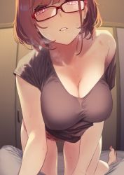 Rule 34 | 1boy, 1girl, 92m, absurdres, all fours, blurry, blurry background, blush, breasts, breath, brown hair, brown shirt, cleavage, crawling, depth of field, dolphin shorts, fisheye, glasses, heavy breathing, highres, indoors, kinshi no ane (92m), kneeling, large breasts, light brown hair, lips, looking at viewer, off shoulder, original, out of frame, parted lips, pink eyes, pink shorts, pov, red-framed eyewear, shirt, short hair, shorts, sliding doors, solo focus, sweat, teeth