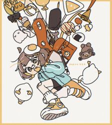 Rule 34 | 1girl, ahoge, apple, aqua jacket, artist name, backpack, bag, balloon, bandaid, bandaid on face, bandaid on knee, bandaid on leg, bandaid on nose, bird, black shorts, border, bouquet, brown eyes, brown hair, candy, crossed bandaids, detached ahoge, duck, egg, egg hair ornament, envelope, fang, floating, floating object, flower, flute, food, food-themed hair ornament, fried egg, fruit, full body, ghost, hair ornament, hairclip, ice cream, ice cream cone, instrument, jacket, long sleeves, loose socks, mayoi zzz, onigiri, open bag, open mouth, orange footwear, original, outside border, pencil, recorder, red bag, road sign, shoes, short hair, shorts, sign, sneakers, socks, solo, stuffed animal, stuffed toy, teddy bear, track jacket, white background, white socks, yellow border