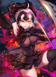 Rule 34 | 1girl, ahoge, armor, black thighhighs, breasts, chain, elbow gloves, fate/grand order, fate (series), fire, flag, fur trim, gauntlets, gloves, grin, helmet, highres, holding, holding sword, holding weapon, jeanne d&#039;arc (fate), jeanne d&#039;arc alter (avenger) (fate), jeanne d&#039;arc alter (fate), looking at viewer, nima (niru54), short hair, slit pupils, smile, solo, sword, thighhighs, weapon, white hair, yellow eyes