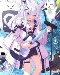 Rule 34 | 1girl, absurdres, ahoge, animal ear fluff, animal ears, black choker, black dress, blush, braid, choker, commentary request, dog tags, dress, earrings, electric guitar, fox ears, fox girl, fox tail, green eyes, guitar, hair between eyes, highres, hololive, instrument, jacket, jewelry, long hair, looking at viewer, microphone, microphone stand, miteiru (shirakami fubuki), open clothes, open jacket, open mouth, oruyanke (shirakami fubuki), reitou mkn, shirakami fubuki, shirakami fubuki (fubukitek), sidelocks, single braid, sparkle, sukonbu (shirakami fubuki), tail, virtual youtuber, white hair, white jacket