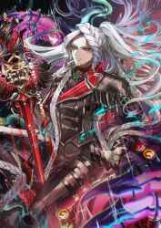 Rule 34 | 1boy, absurdres, alessandro di cagliostro (fate), black gloves, braid, buttons, double-breasted, facial hair, fate/grand order, fate (series), gloves, goatee, green eyes, grey hair, heterochromia, highres, holding, holding sword, holding weapon, long hair, male focus, red eyes, sword, tomoyami, weapon