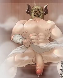 Rule 34 | 1boy, abs, bakura (granblue fantasy), bara, clothes lift, draph, erection, feet out of frame, foreskin, granblue fantasy, highres, horns, large pectorals, looking at viewer, male focus, mask, muscular, muscular male, naked towel, nipples, pectorals, rick penman, sauna, solo, steam, stomach, sweat, thick thighs, thighs, topless male, towel, towel lift