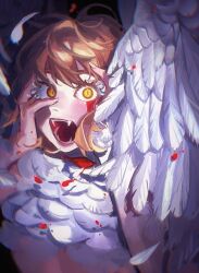 Rule 34 | 1girl, absurdres, bird wings, black background, blonde hair, blood, blood on face, dungeon meshi, falin touden, falin touden (chimera), falling feathers, fangs, feathered wings, feathers, from side, hands on own face, highres, looking at viewer, monster girl, open mouth, qichifuza, short hair, slit pupils, solo, teardrop, tears, upper body, wide-eyed, wings, yellow eyes