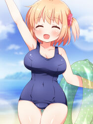 Rule 34 | 1girl, :d, arm up, beach, blue sky, blush, breasts, cleavage, closed eyes, cloud, collarbone, covered navel, day, gluteal fold, hair ornament, hair scrunchie, highres, holding, holding swim ring, innertube, large breasts, lens flare, mikan-ya, mountainous horizon, ocean, old school swimsuit, open mouth, orange hair, original, outdoors, school swimsuit, scrunchie, sky, smile, solo, standing, swim ring, swimsuit, thighs, waving, wide hips