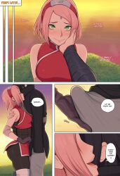 Rule 34 | 1boy, 1girl, afrobull, ass, bandages, black hair, blush, breasts, bulge, couple, english text, erection, erection under clothes, green eyes, hand on another&#039;s face, haruno sakura, headband, hetero, highres, naruto: the last, naruto (series), naughty face, pink hair, seductive smile, short hair, small breasts, smile, thighs