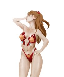 Rule 34 | 1girl, all fours, artist request, bangku an, bare legs, bikini, breasts, brown hair, hair ornament, hand on own hip, interface headset, long hair, medium breasts, navel, neon genesis evangelion, red bikini, shiny skin, simple background, solo, souryuu asuka langley, standing, swimsuit, two side up, water