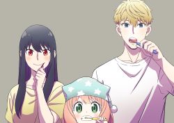 Rule 34 | 1boy, 2girls, absurdres, anya (spy x family), black hair, blonde hair, blue eyes, blush, brushing teeth, child, commentary request, father and daughter, green eyes, hair down, hat, highres, holding, holding toothbrush, husband and wife, mother and daughter, multiple girls, nightcap, official art, open mouth, pajamas, pink hair, red eyes, spy x family, toothbrush, toothbrush in mouth, twilight (spy x family), yor briar