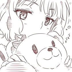Rule 34 | 1girl, child, close-up, commentary, covering own mouth, half-closed eyes, holding, holding stuffed toy, idolmaster, idolmaster million live!, kouno tooru (stoneandrose123), looking at viewer, medium hair, monochrome, sidelocks, sketch, solo, stuffed animal, stuffed toy, suou momoko, teddy bear, wavy hair, white background
