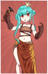 Rule 34 | 1girl, blue hair, border, brown gloves, brown skirt, brown tank top, commentary request, crop top, crown, double bun, elbow gloves, emphasis lines, feet out of frame, flat chest, ghost earrings, gloves, hair bun, hammer, highres, holding, holding hammer, hololive, kurodani yamame, long hair, looking at viewer, midriff, mini crown, navel, red background, red eyes, rinyamame, sidelocks, skirt, smile, solo, tank top, tilted headwear, tongue, tongue out, touhou, uruha rushia, virtual youtuber, white border