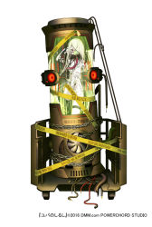 Rule 34 | 1girl, :d, breathing tube, broken glass, caution tape, dmm, full body, gas mask, glass, hair over one eye, hand fan, leg lift, looking at viewer, mask, official art, open mouth, oxygen mask, red eyes, smile, solo, stasis tank, submerged, tape, tube, white background, white hair, yuba no shirushi, zenmaibook