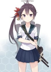 Rule 34 | 10s, 1girl, akebono (kancolle), bad id, bad pixiv id, bell, black hair, flower, hair bell, hair flower, hair ornament, jingle bell, kantai collection, long hair, looking at viewer, machinery, personification, ponytail, purple eyes, side ponytail, soburi, solo, turret