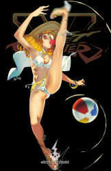 Rule 34 | 1girl, anklet, ball, bangle, beachball, belly chain, bikini, blonde hair, bracelet, breasts, blowing bubbles, chain, chain, chewing gum, cleavage, gluteal fold, gold chain, hat, high heels, high kick, highres, jewelry, kanzuki karin, kicking, leg lift, looking at viewer, medium breasts, metalhanzo, necklace, official alternate costume, orange eyes, pearl bracelet, pink-tinted eyewear, pink-tinted glasses, ringlets, side-tie bikini bottom, solo, street fighter, street fighter v, sun hat, sunglasses, swimsuit, tinted eyewear, watermark, web address, white-framed eyewear, white bikini, white footwear