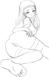 Rule 34 | 1girl, anus, ass, barefoot, blush, breasts, feet, foreshortening, greyscale, hand on own hip, highres, long hair, monochrome, muffin (sirumeria), original, pussy, sideboob, sketch, soles, solo, thighhighs, thighs, toes, traditional media, uncensored, unfinished