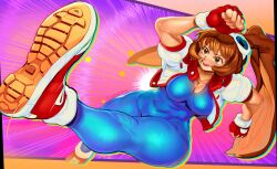 absurdres blue_unitard bob_cut breasts cleavage clenched_hands covered_navel curvy fingernails goggles goggles_on_head high_kick highres jacket kicking makihara_arina medium_breasts multicolored_background open_clothes open_jacket rabbit_ears red_footwear shoes short_hair signature skin_tight sneakers star_(symbol) sunburst thick_thighs thighs v-shaped_eyebrows waku_waku_7 white_jacket wide_hips