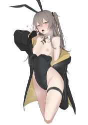 Rule 34 | 1girl, absurdres, animal ears, bare shoulders, black gloves, black jacket, black leotard, black nails, blush, breasts, brown hair, collarbone, covered navel, cropped legs, fake animal ears, fellatio gesture, fingerless gloves, girls&#039; frontline, gloves, heart, heavy breathing, highleg, highleg leotard, highres, jacket, leotard, long hair, long sleeves, looking at viewer, nail polish, off shoulder, one side up, open clothes, open jacket, open mouth, playboy bunny, rabbit ears, re1kirisaki342, scar, scar on face, scarf, simple background, small breasts, solo, standing, thigh strap, ump45 (girls&#039; frontline), very long hair, white background, white scarf, yellow eyes