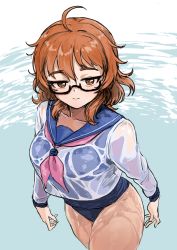 Rule 34 | 1girl, absurdres, ahoge, araki hina, blue sailor collar, brown eyes, brown hair, closed mouth, glasses, highres, idolmaster, idolmaster cinderella girls, one-piece swimsuit, sailor collar, shirt, simple background, smile, solo, swimsuit, swimsuit under clothes, ushimochi, wet, wet clothes, wet shirt, wet swimsuit